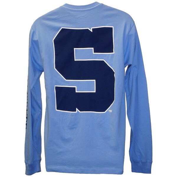 light blue long sleeve t-shirt with block S on back
